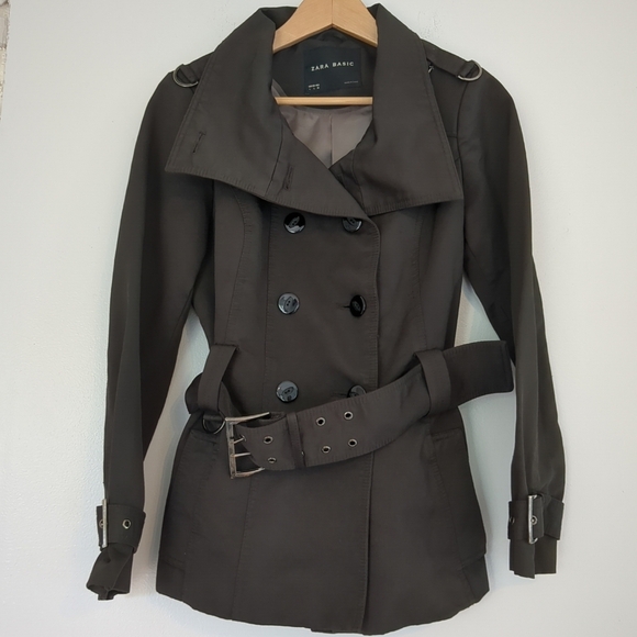 Zara Short Trench Coat Women's Large Black Belted Lapels Military Goth Biker - Picture 1 of 7
